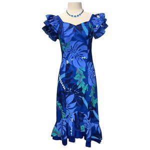Vintage tropical floral blue print dress